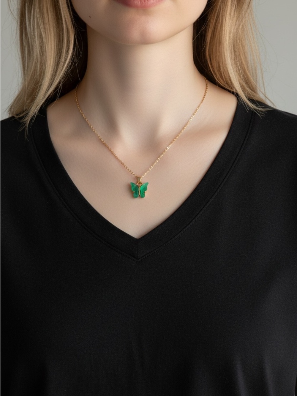 10/22 Gold Butterfly Pendant Necklace with Green Enamel